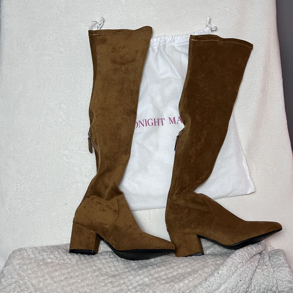 Goodnight Macaroon Marlo Tan Suede Over The Knee Boots Block Heel Size 7.5 NWOT - Picture 5 of 9